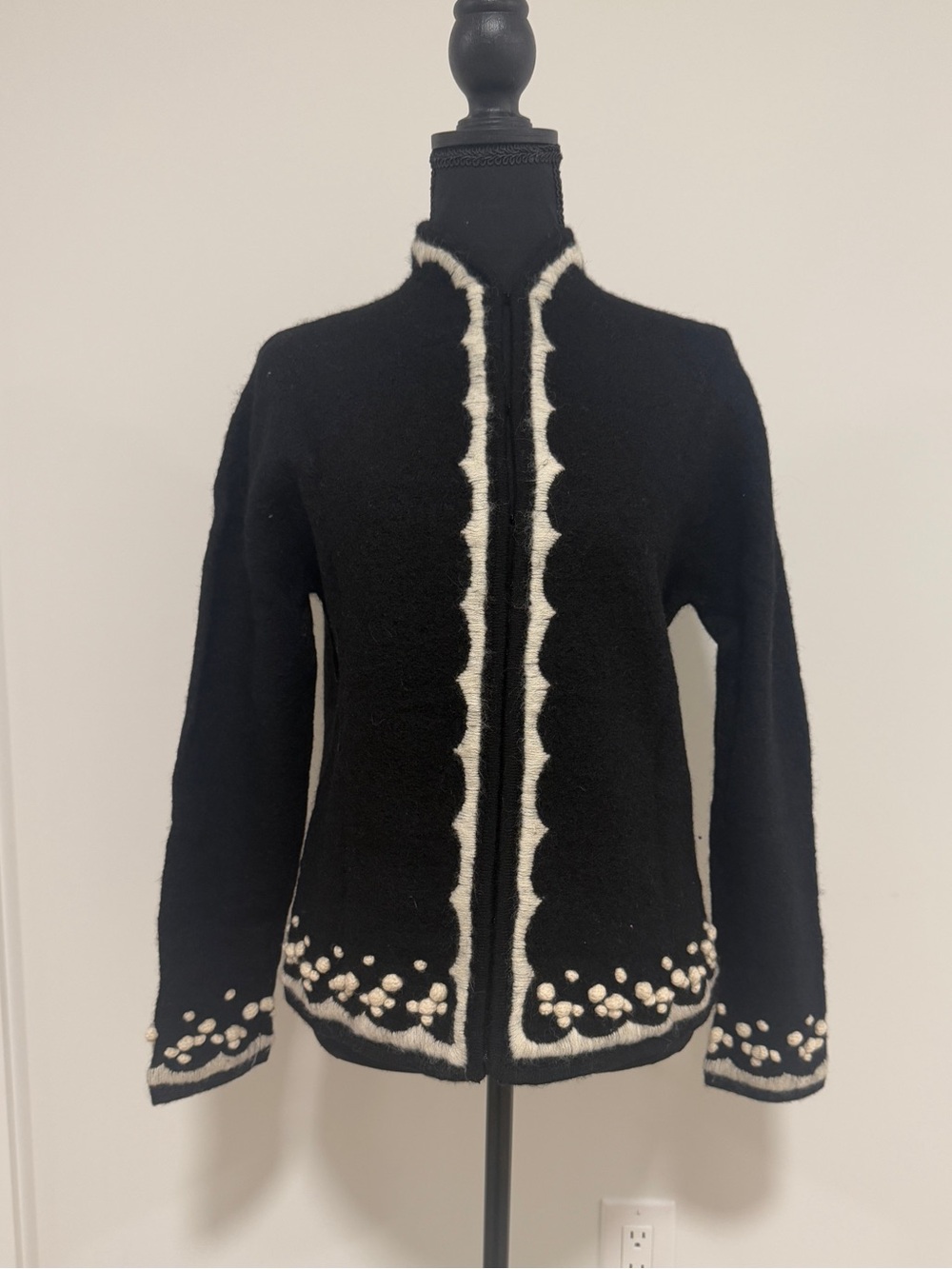 Vintage Carole Little 100% Wool Jacket Handcrafted Trim Black Ivory L fits S/M